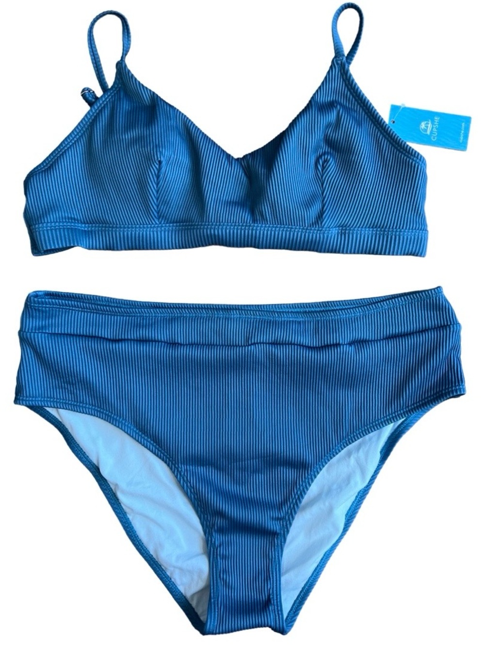 NEW NWT CupShe Ribbed Blue Bikini Two Piece Swim Suit SZ XL X-Large